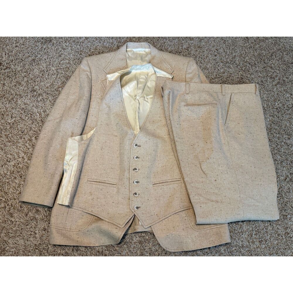 Vintage 70s Johnny Carson Tan 3 Piece Suit Set 100% Wool 44R 40x29